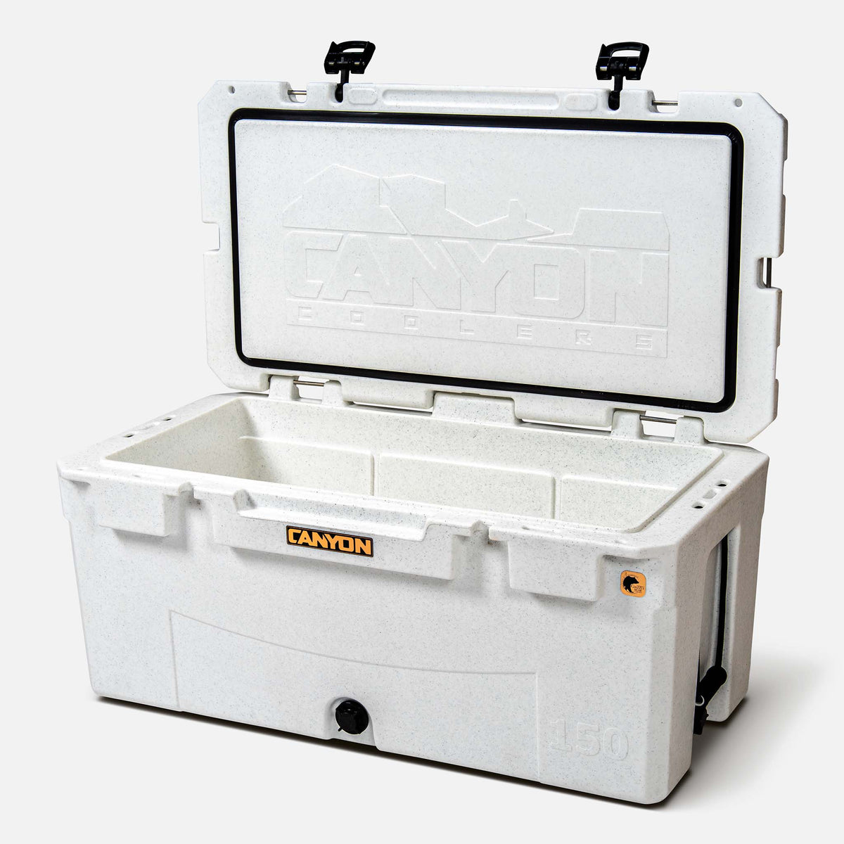 Prospector 150 Quart Premium Expedition Cooler Multi-day Canyon-Coolers-Pro-150-White-Diamond-Perspective-View-Open