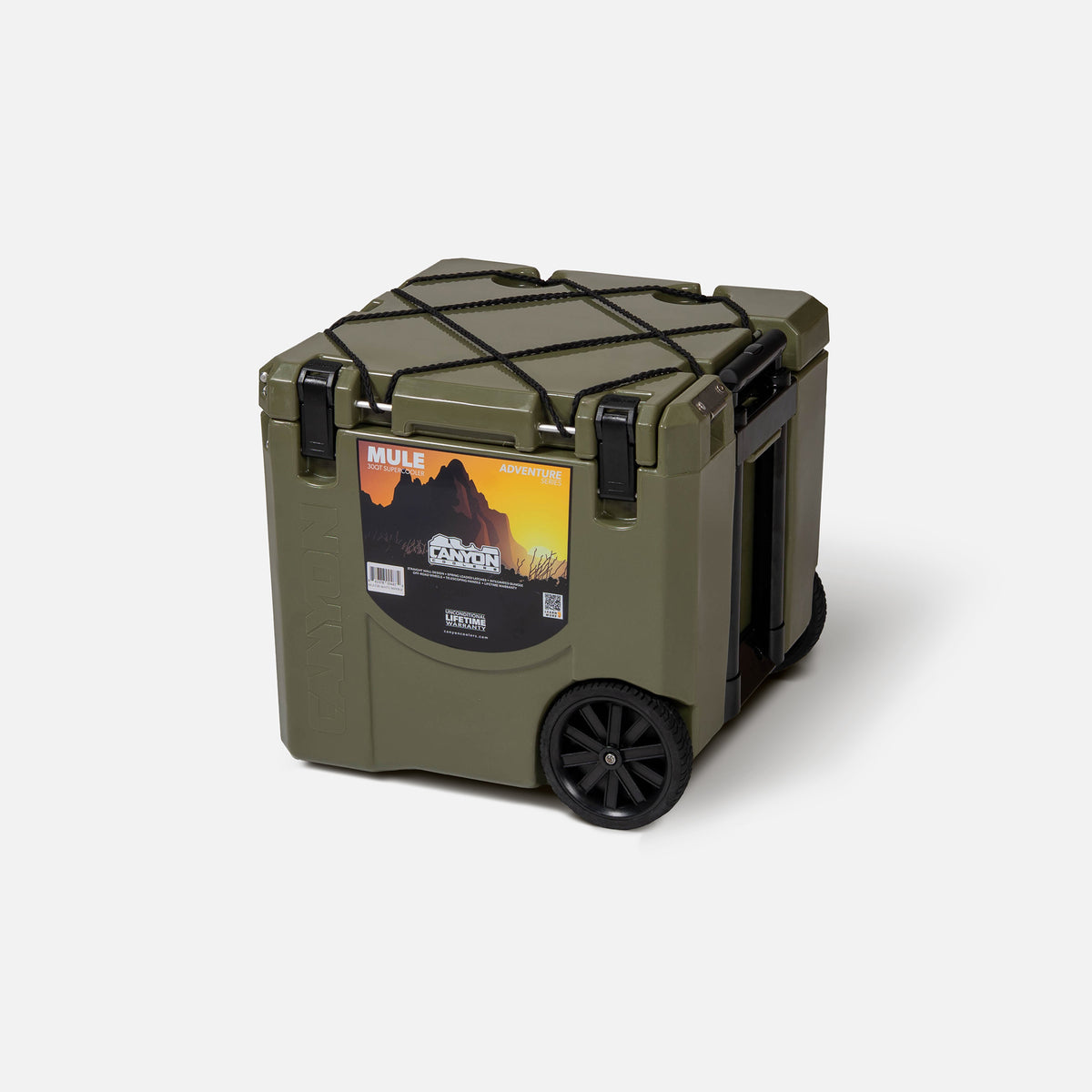 green offset wheeled square hard-sided cooler with black straps and a label on the front. two latches and two cup holders