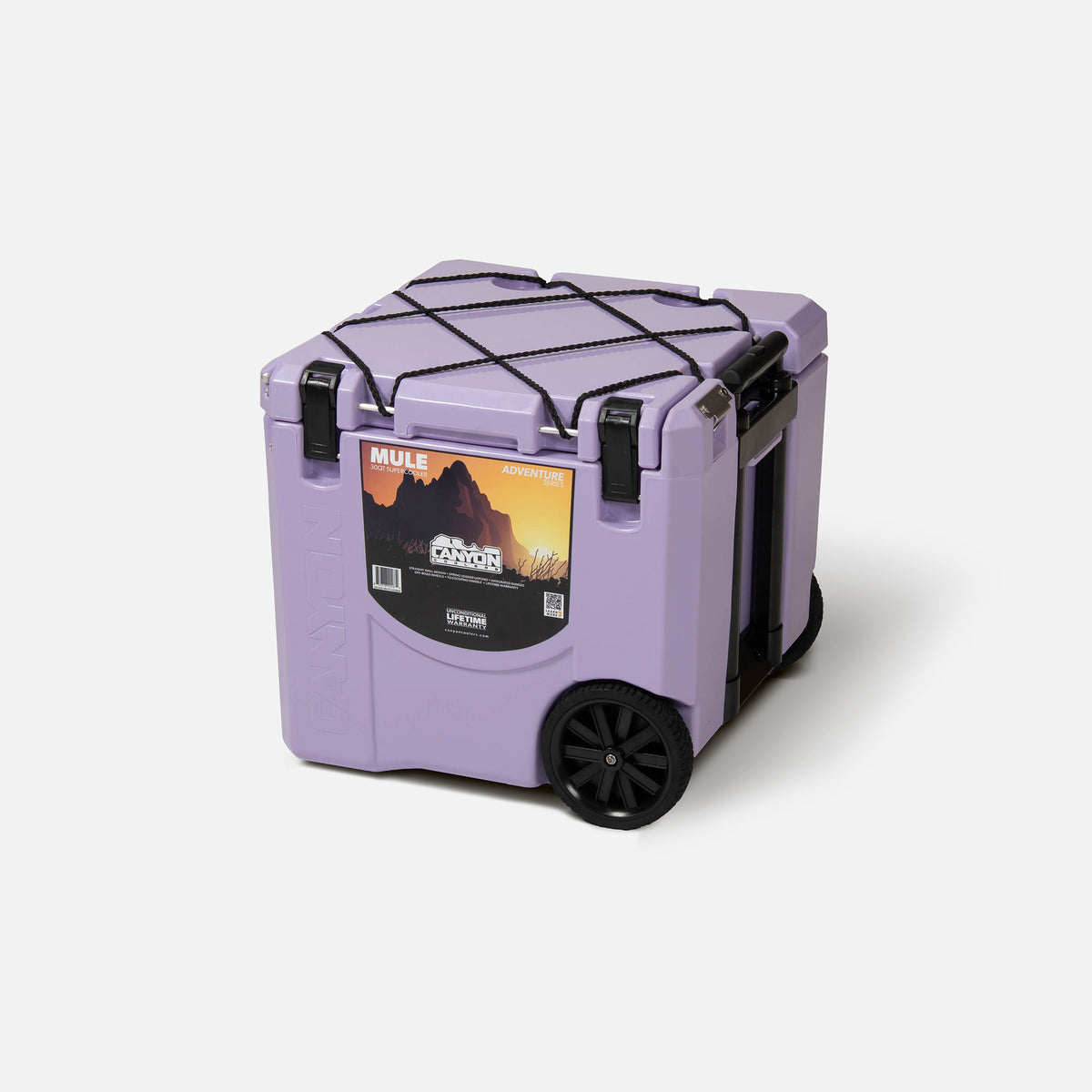 purple offset wheeled square hard-sided cooler with black straps and a label on the front. two latches and two cup holders