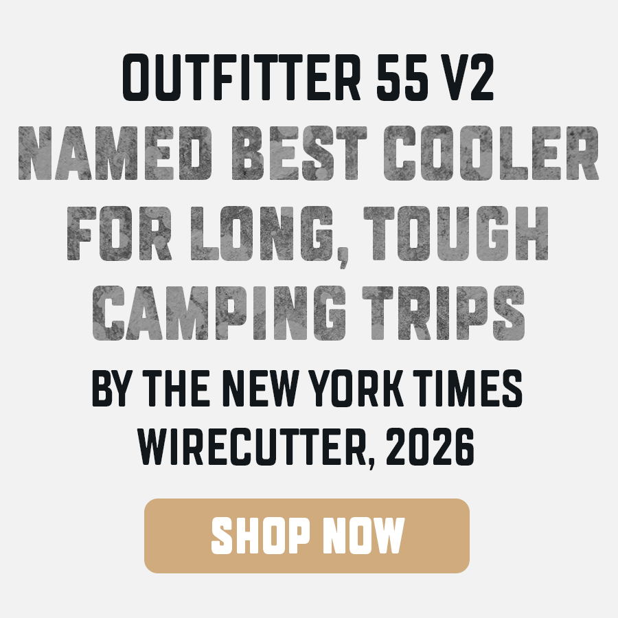 Text shown on a light gray background reading 'Named Best Cooler for Long, Tough Camping Trips by The New York Times Wirecutter, 2026' and a 'Shop Now' button.