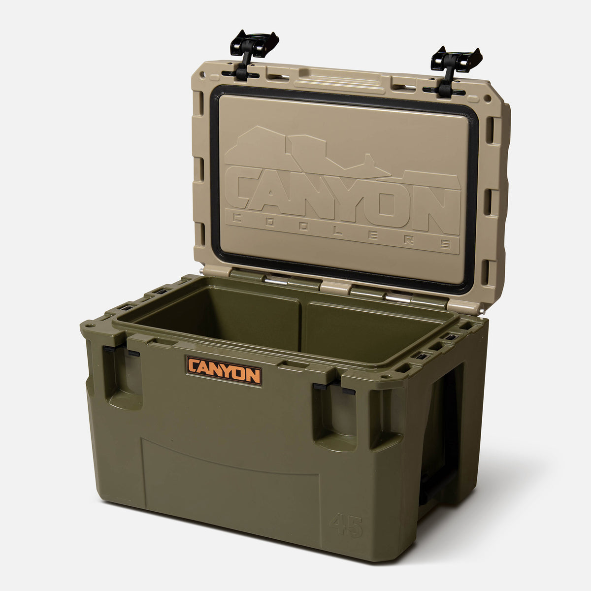 green with a tan lid 45qt medium rotomolded hard cooler offset lid open with black large handle latches and the &#39;canyon&#39; brand logo on the front. one strap handle visible, divider table visible in divider slot