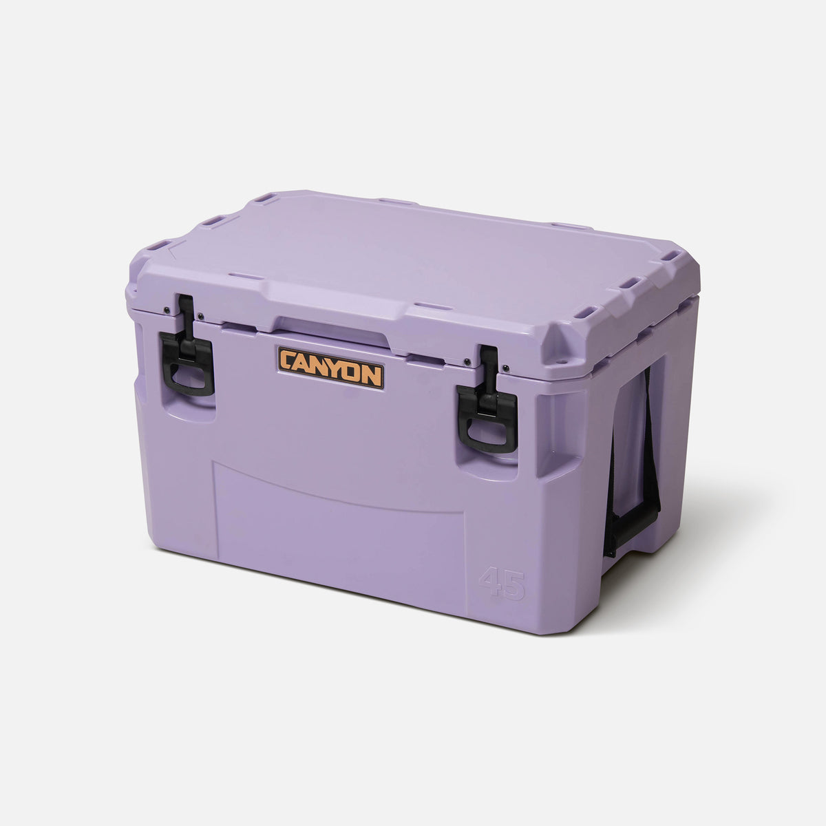 purple 45qt medium rotomolded hard cooler offset lid closed with black large handle latches and the &#39;canyon&#39; brand logo on the top front. one strap handle visible