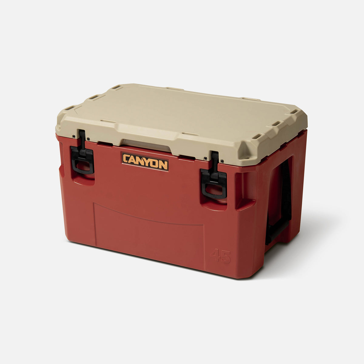 red with a tan lid 45qt medium rotomolded hard cooler offset lid closed with black large handle latches and the &#39;canyon&#39; brand logo on the top front. one strap handle visible