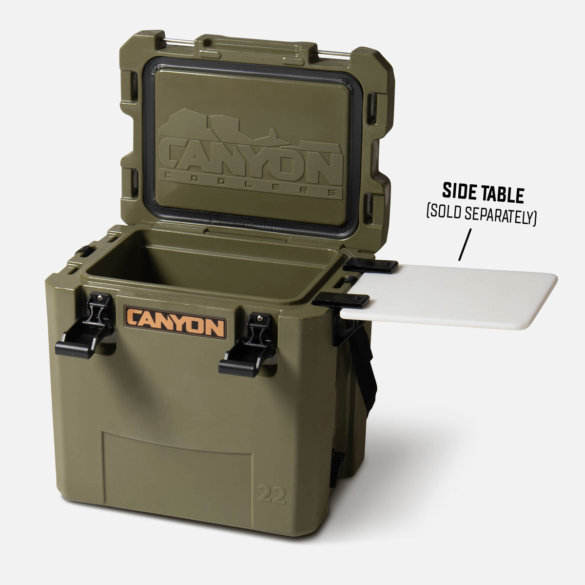 green Canyon cooler box with open lid on a white background with optional side table