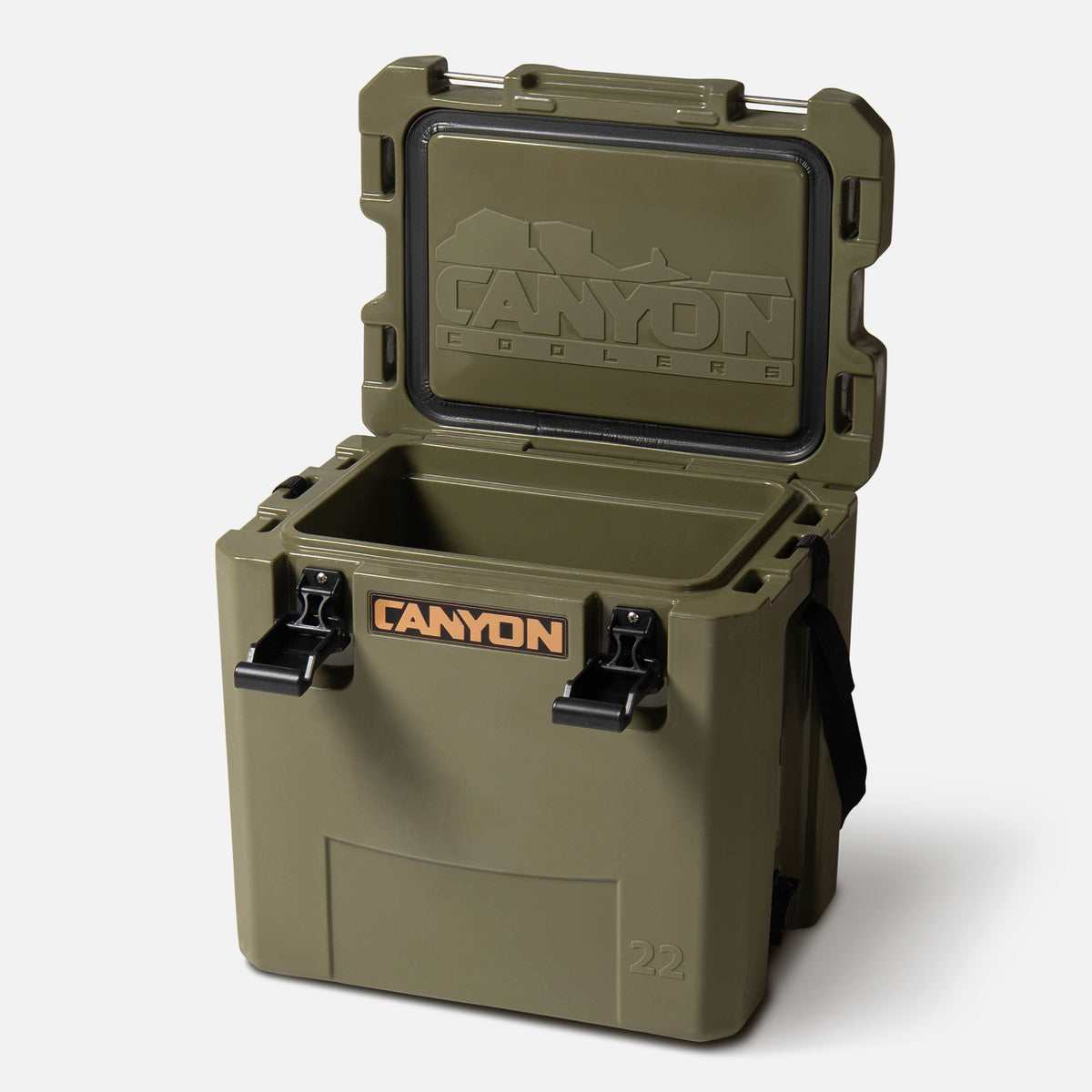 green 22qt small  hard cooler box offset facing lid open with copper colored Canyon logo on a white background cam action latch soft web handle