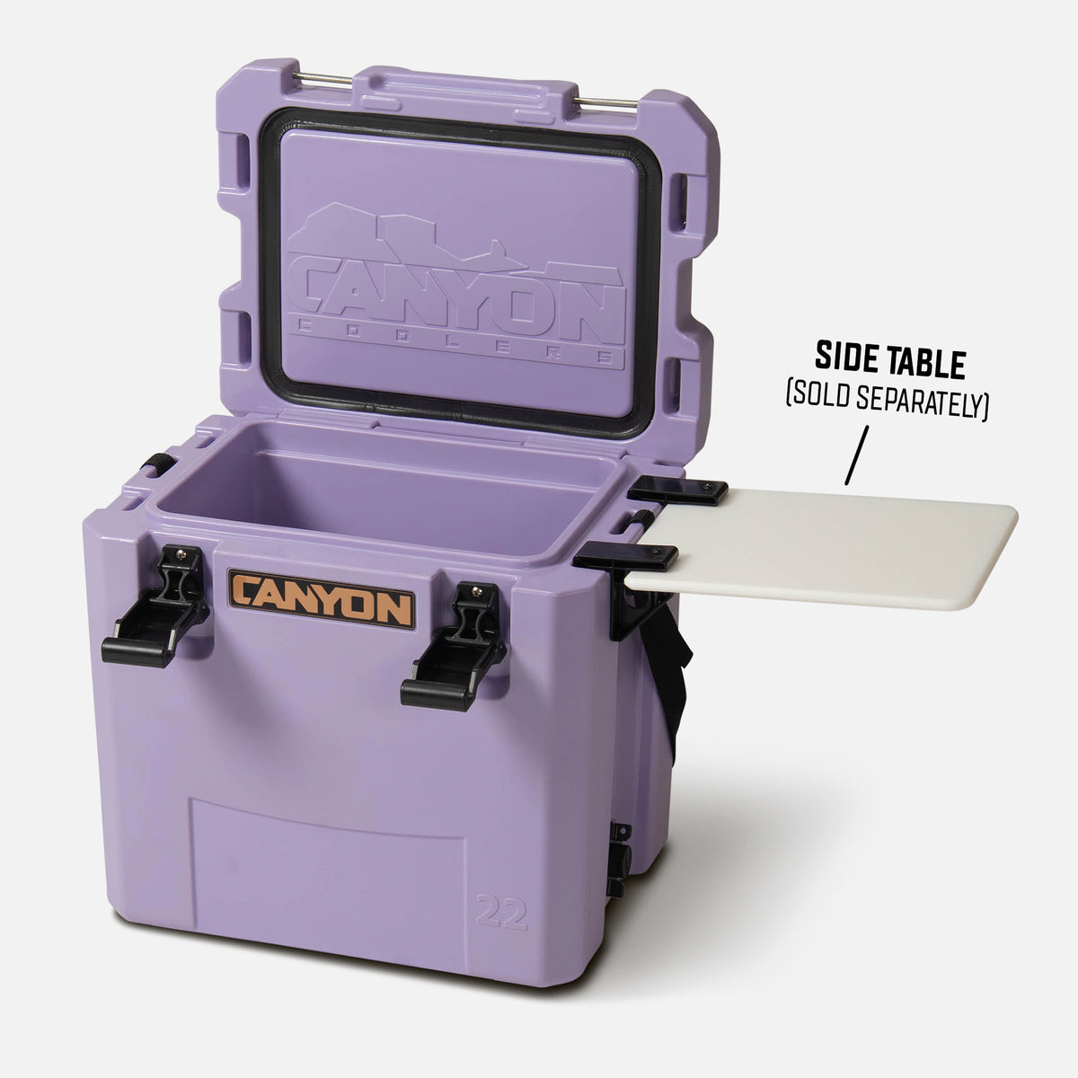 purple Canyon cooler box with open lid on a white background with optional side table