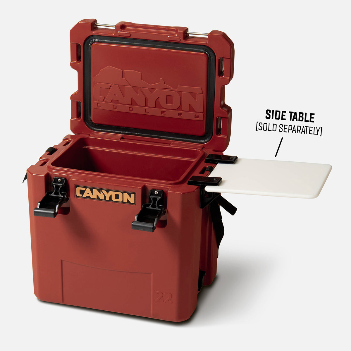 Red Canyon cooler box with open lid on a white background with optional side table