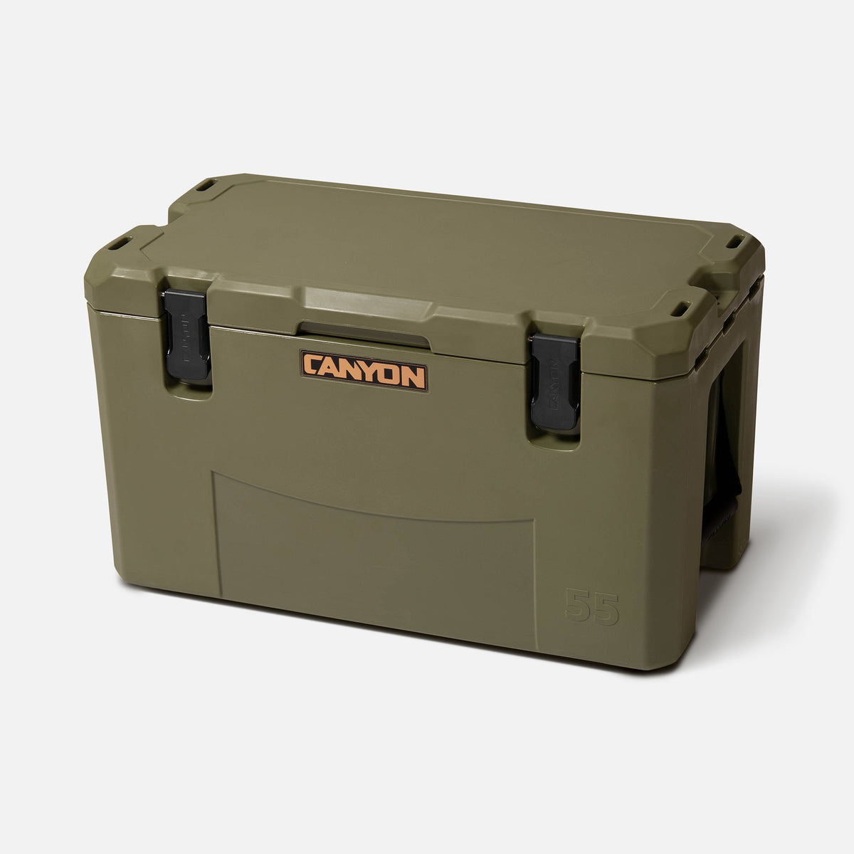 green 35qt medium rotomolded plastic hard cooler with the brand &#39;canyon&#39; logo on the front. It has black latches and a textured surface. offset and closed
