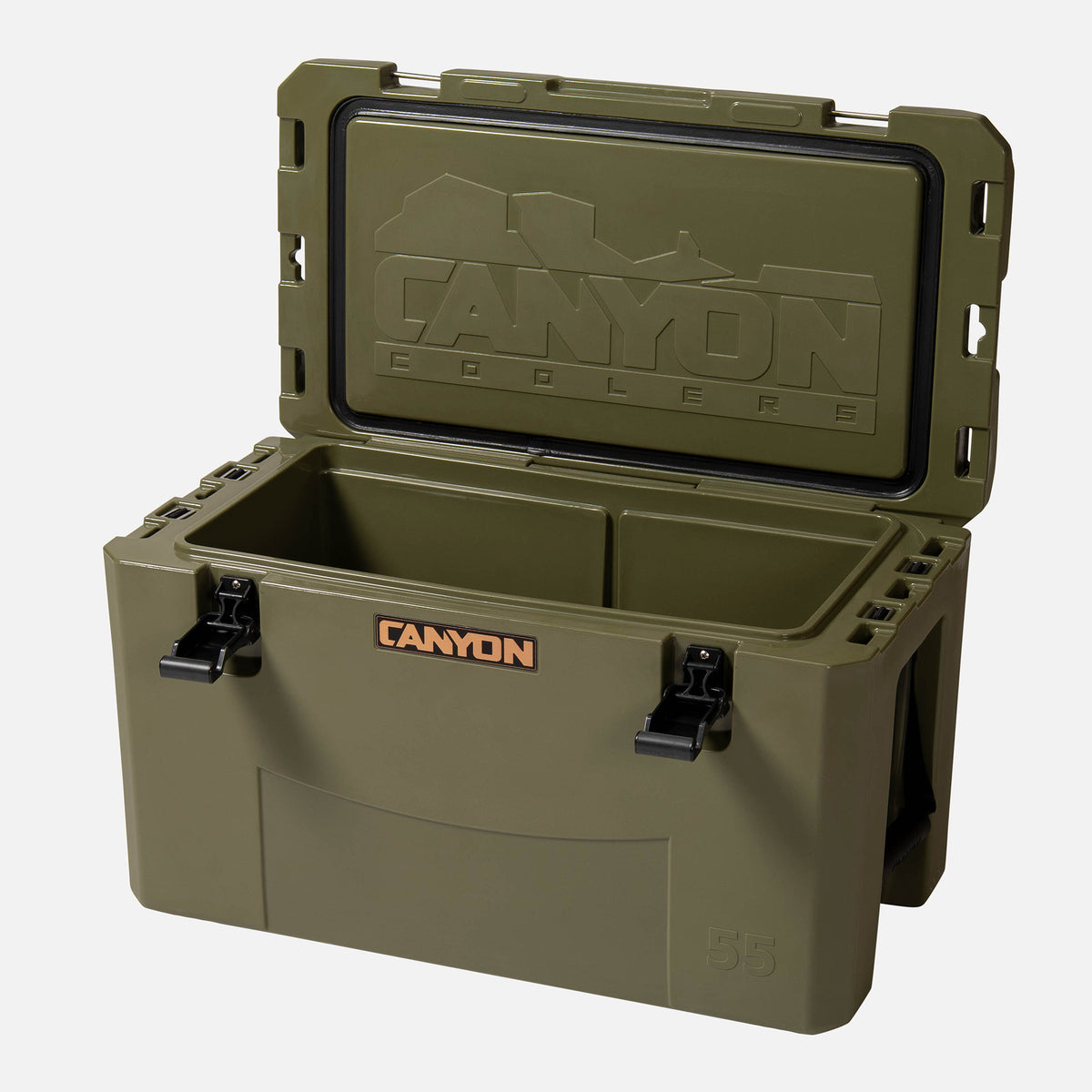 green 55qt medium rotomolded plastic hard cooler with the brand &#39;canyon&#39; logo on the front. It has black cam latches, a textured surface. offset and open on a white background