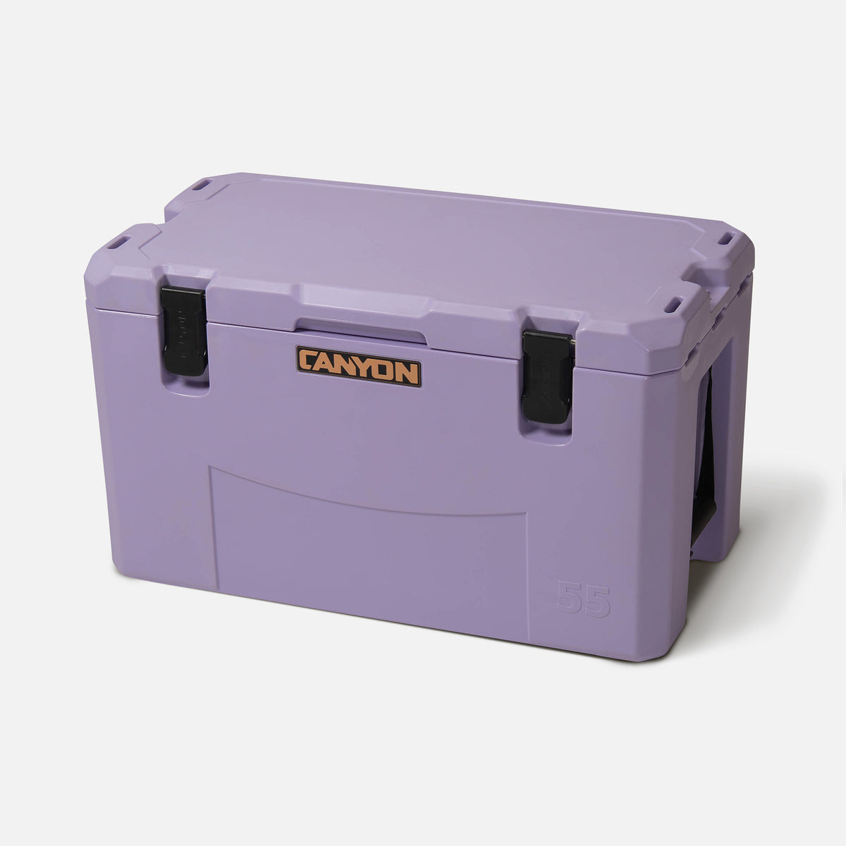 purple 35qt medium rotomolded plastic hard cooler with the brand &#39;canyon&#39; logo on the front. It has black latches and a textured surface. offset and closed