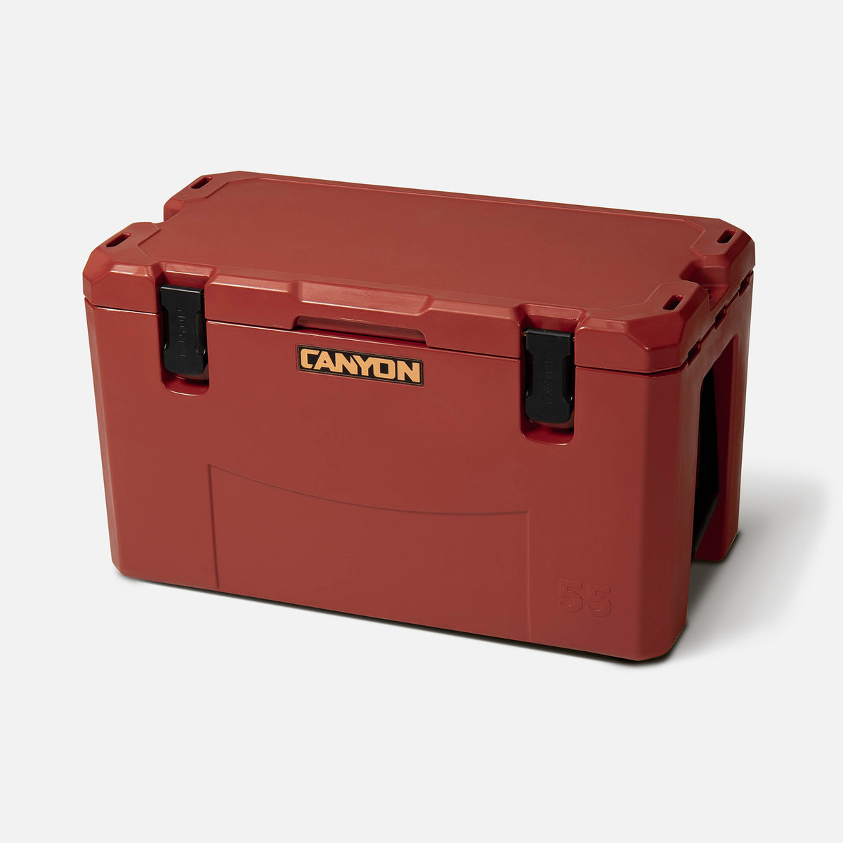 red 35qt medium rotomolded plastic hard cooler with the brand &#39;canyon&#39; logo on the front. It has black latches and a textured surface. offset and closed