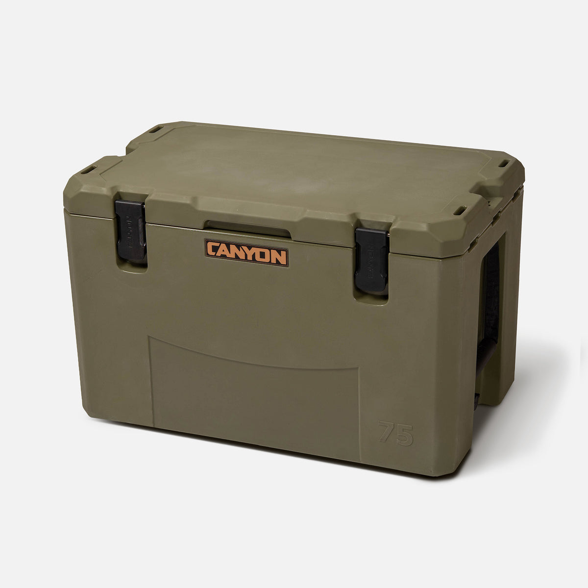 green 75qt large rotomolded hard cooler offset lid closed with black latches and the &#39;CANYON&#39; brand logo on the top front. strap handle